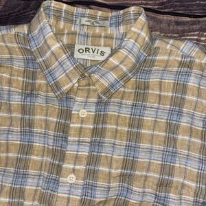 Orvis 100% Linen Long Sleeve Plaid Button Down Shirt Men's XXL